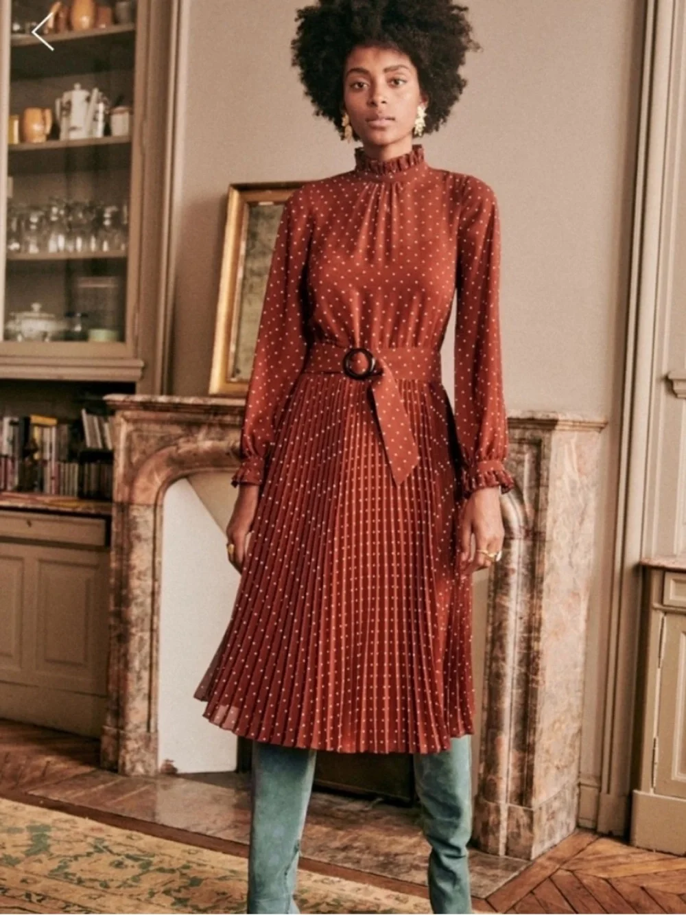 Sezane Muse Dress in Moka Polka Dot, High-Neck Rust Pleated Midi Dress FR36/US4 - Picture 1 of 5